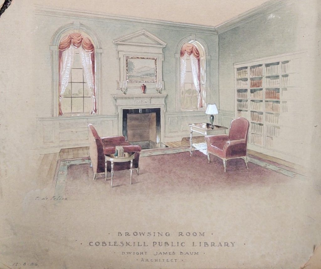 a historical pastel print of the Charlotte Becker Browsing Room from architect Dwight James Baum.