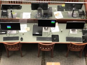 an overhead view of the library's six public computers